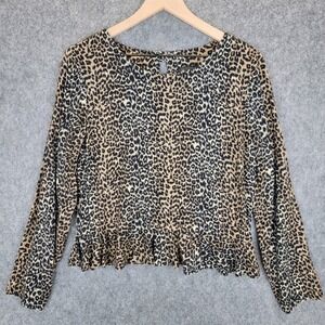 Chelsea Jones Collection Shirt Womens L Leopard Print Long Sleeve Ruffle Hem USA